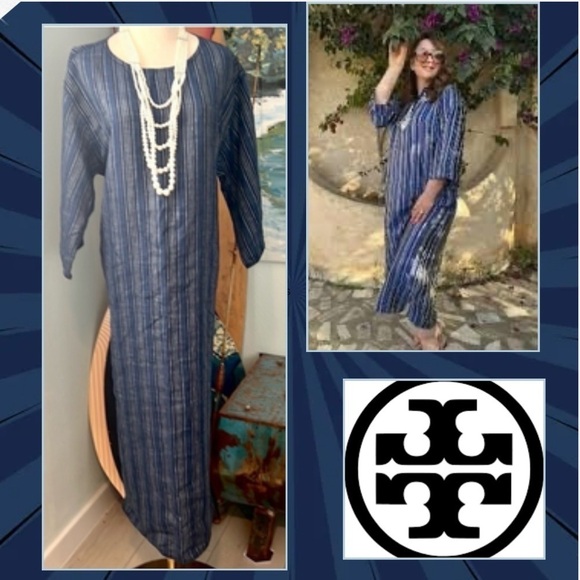 Tory Burch Dresses & Skirts - Tory Burch, Navy White Striped Cotton Kaftan Dress Resort Tunic Boho EUC Size L